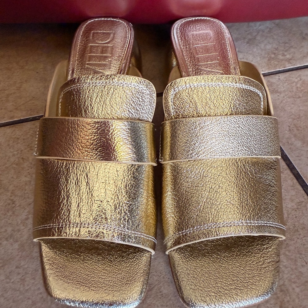 Deltan, the Baker Metallic Gold Leather Block Heel Sandals SZ 7.5M Original $120